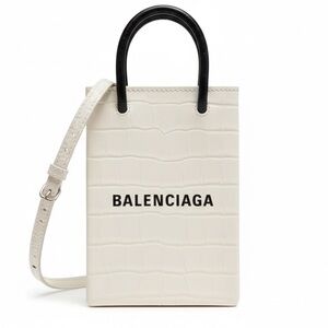 Balenciaga White Croc-Embossed Mini Shopping Tote Crossbody Top Handle Bag